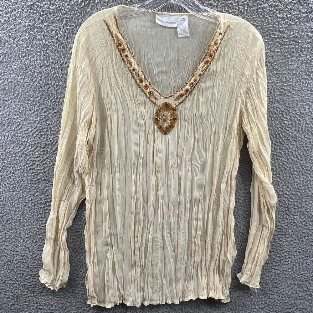 Womens Romantic Metallic Beaded Crinkle Blouse L Feminine Ethereal Cottagecore